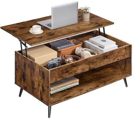 VASAGLE Mesa de Centro, Mesa de Café con Tablero Elevable, Resorte de Gas, Compartimento Oculto, Estante Abierto, para Sala de Estar, Comedor, Oficina, Marrón Rústico y Negro Tinta LCT267KD01