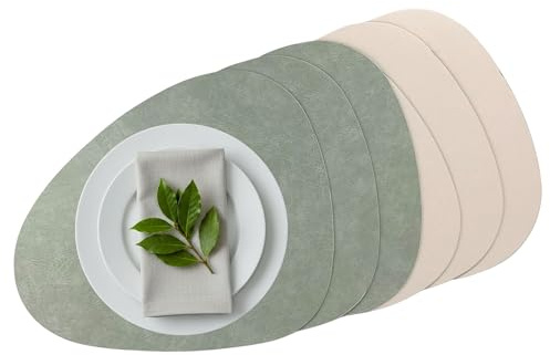 G.schmückt Platzset Kunstleder oval, Wendbares Tischset abwaschbar, Modernes Platzdeckchen, Tischunterlage Nierenform (Salbei/Beige, 6 Stück Platzsets)