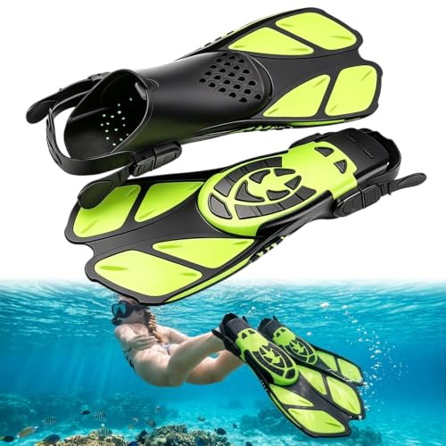 Flossen Verstellbare Schwimmflossen Kurz für Erwachsene & Kinder, Reisegröße Schnorchelflossen & Taucherflossen, Kompakt & Bequem mit Offener Ferse