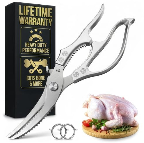 Stainless Steel Poultry Shears, Hardened Blades, Safety Lock | Heavy Duty Kitchen Shears for Food with Nutcracker and Fish Descaler; Spring-Loaded to Cut Chicken, Turkey, Meat and Bone
