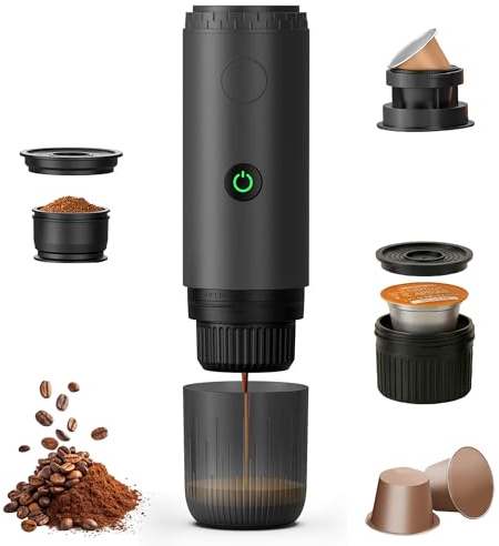 Umisu Machine à Café Portable 3 en 1, Machine à Café Expresso électrique de Voyage, Auto-Chauffante avec Charge USB-C, Compatible Café Moulu, Capsules DG & NS, Idéale pour Camping, Bureau, VR (Noir)