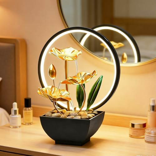 Zimmerbrunnen Wasserfall, Tischbrunnen Mit LED Beleuchtung Moderne Zen Deko Mit Geräuschloser Pumpe 3 Ebenen Mini Wasserfall Zimmerbrunnen Klein Für Haus Büro Wohnzimmer Garten