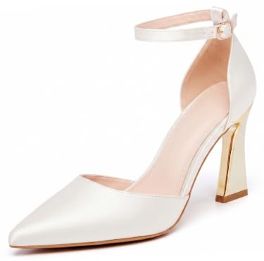 Coutgo Damen Pumps D'Orsay High Heels Absatzschuhe mit Ankle Strap | Elegante Schuhe Spitz zulaufend, Knöchelriemen Schnalle, Gold-Detail Blockabsatz, Festliche Abendschuhe