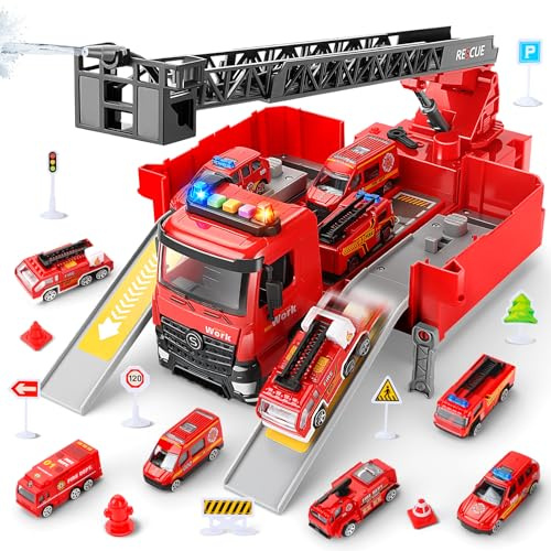 JONRRYIN Feuerwehrauto Groß, Feuerwehr Auto Spielzeug mit Drehleiter, Sound und Licht, Wasserspritz Funktion, Feuerwehr Spielzeugauto, Geschenk für Jungen, Kinder Löschfahrzeug für Junge 3 4 5 Jahre