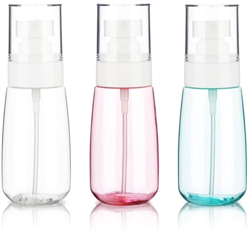 HUZNA Set de 3 Botellas de Spray de Viaje 100ml, Botes Pulverizadores Rellenables para Líquidos y Cosméticos, Atomizador de Niebla Fina para Alcohol y Limpieza, Colores Transparente, Azul y Rosa