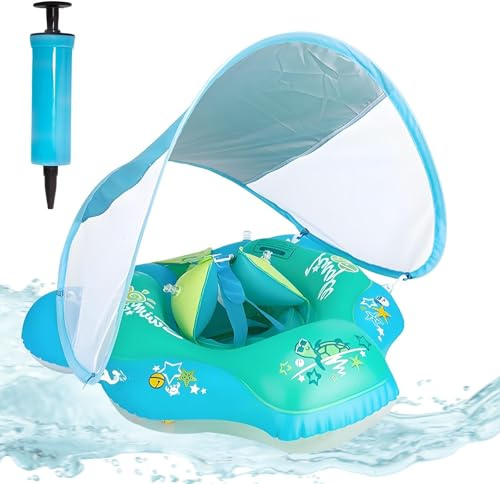 XIMEY Salvagente Neonato con Parasole, Baby Float Gonfiabile per Neonati 3-72 Mesi, Galleggiante Piscina con Cinture di Sicurezza & Camere d’Aria, Protezione UV per Mare e Piscina (K, L)