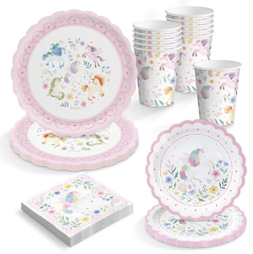 OH YEAH - Kit Vajilla Desechable Unicornios Mágicos Fiesta de Cumpleaños 6 Personas - 42 Piezas - Platos, Vasos, y Servilletas Desechables - Decoración Vajilla Cumpleaños Infantil Temático - Kit Mesa