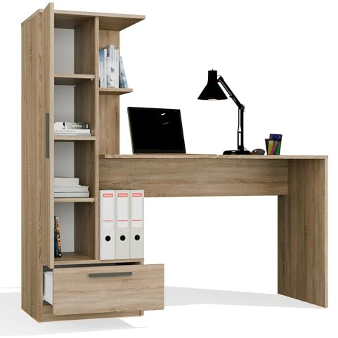 CDF Schreibtisch mit Regal Schublade 140cm 3 Einlegeböden Computertisch | Home Office Bürotisch Ergonomisch Arbeitstisch Jugendzimmer Schlafzimmer Kinderzimmer Rollschienen Eiche Sonoma Spanplatte