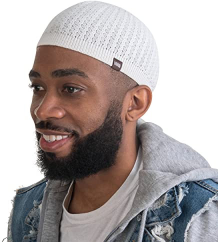 Muslim Bookmark Atmungsaktive Baumwolle, dehnbar, Kufi für Herren, in coolen Designs, Helmfutter, Weiß mit perforiertem Design, Einheitsgröße