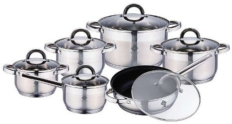 Set di pentole in acciaio inox per cottura a induzione, con padella (12 pezzi), 5 pentole con coperchio in vetro, padella con coperchio, padella da servizio, pentola)