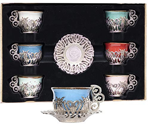 Alisveristime 12 Pc Turkish Greek Arabic Coffee Espresso Cup Saucer Porcelain Set (Silver Mix Color)