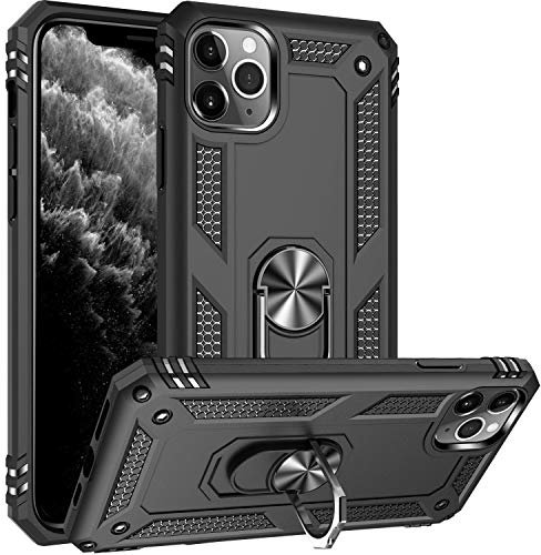 Fetrim Hülle Kompatibel für iPhone 11 Pro Max, doppellagig stoßfest Schutzhülle mit Drehring Ständer für Apple iPhone 11 Pro Max Schwarz