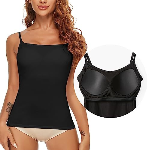 SLIMBELLE Damen BH Hemd Unterhemd Spaghettiträger Top Ohne Bügel Unterhemden mit BH Integriert Basic Polster Trägertop Padded Camisole Hemdchen mit Cups Einsatz Bustier Bralette Shirt(Schwarz,S)