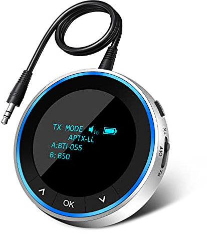 Bluetooth 5.1 Transmitter Receiver, Bluetooth Transmitter for TV Headphones, 2 in 1 Audio Adapter, HD and Low Latency with OLED Display for Speakers PC & Home Car Stereo System，RCA/3.5 mm AUX Cable