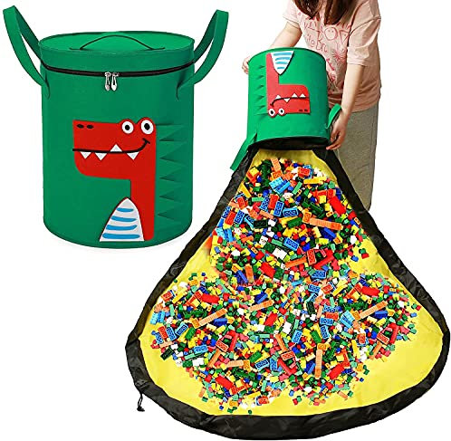 Lazeny Kinder Aufräumsack Spieldecke Spielzeug Aufbewahrungskorb mit Deckel Tragegriff Faltbare Aufbewahrungsbeutel Baby Spielzeug Aufbewahrung für Kinderzimmer Outdoor Picknick (Grün Dinosaurier)