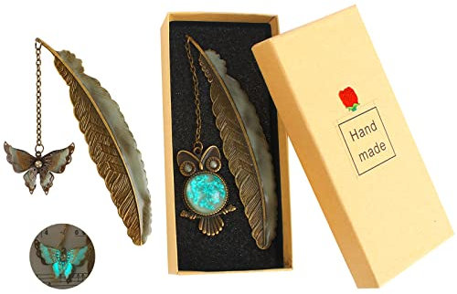 Boisbresil 2 Stück Metall Feder Lesezeichen - Mit Schmetterling Anhänger, Fluoreszierend & Eule Design, Vintage Federförmig mit Schöner Box, Simple Geschenk für Leser