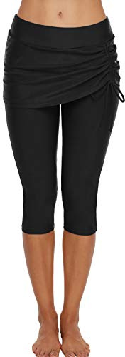 Ecupper Damen Badehose Lang Capri Badeleggings Schwimm Schwarz L