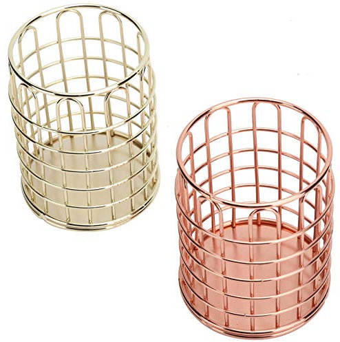 Beufee 2Pcs Gold Pen Holder, Metal Wire Makeup Brush Holder Rose Gold Pencil Holders Desk Pencil Cup Container Organizer for Office Vanity