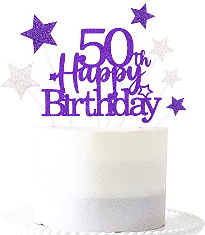 Glittery 50th Happy Birthday Cake Topper with Star,Personalised 50 Birthday Cake Toppers Party Decorations Party Supplies for Men Women Purple Silver