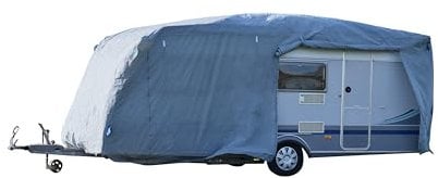 GreenYard® Wohnwagen Abdeckplane mit Reflektorstreifen | Größe S, 460 x 250 x 220 cm | Camping Schutzhülle | Reflektoren | Schutz vor Staub und Nässe | wasserabweisend und atmungsaktiv | langlebig