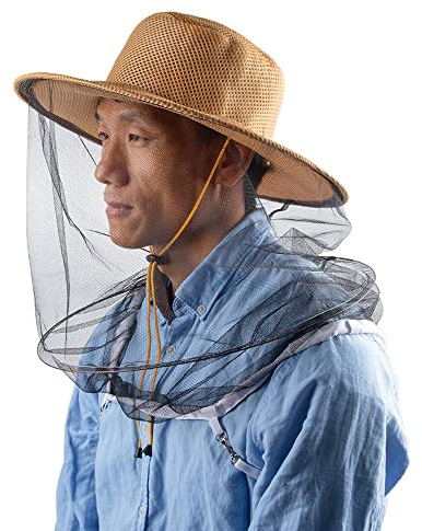 ZffXH Cappello con Rete Insetti, Khaki Cappello A Rete per Apicoltura Apicoltura Professionale per Apicoltore Protettivo per Uomo Donna Testa Zanzara Rete Cappelli Ape Custode Velo Cappuccio