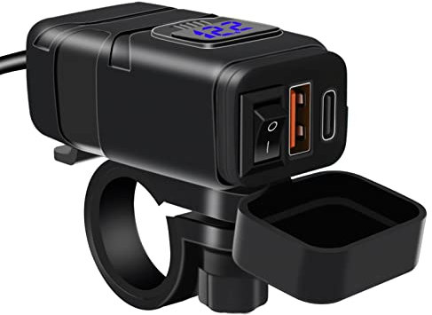 Shkalacar Cargador USB+Type C para Moto, Cargador SúPer RáPido Qc3.0 con Interruptor de Encendido/Apagado de VoltíMetro para TeléFono, Tableta, Manillar de 7/8 Pulgadas