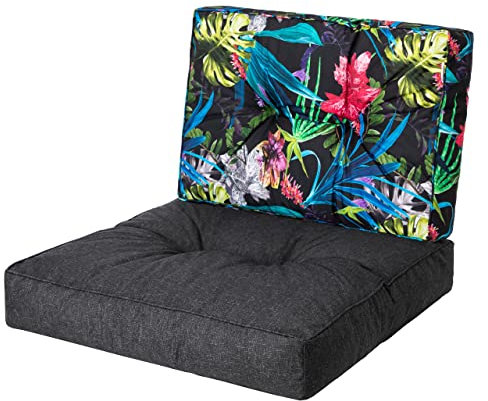 PillowPrim, Palettenkissen, Stulhkissen, Rattansessel, Outdoor, Auflage, Sitzkissen, Stuhlkissen, Rattanmöbel, Schwarz + Bunte Blätter, 60 x 60 cm