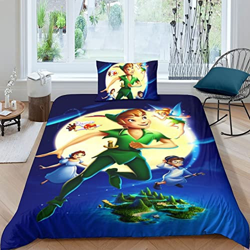 HEIMP Bettwäsche Bettbezug-Set Peter Pan 3D Zeichentrickfilm Serie Print Mit Reißverschluss,Peter Pan Motiv Bettbezüge Set Microfaser Single（135x200cm）