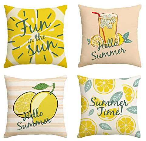ZLWX LIFE Set di 4 federe per cuscino a righe con limone, 30 x 40 cm, decorazione con limonata e limonata, colore: giallo e bianco a righe per la decorazione della casa, del divano, del divano