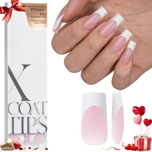 BTArtbox French Tip False Nails - Long Square Nail Tips, XCOATTIPS Press on Nails, Pre-applied Tip Primer & Base Coat Cover, Pink Soft Gel Fake Nails for Nail Extension