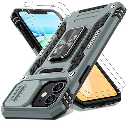 DEERLAMN Case for iPhone 11 with Slide Camera Cover+Screen Protector(2 Packs),Rotated Ring Kickstand Military Grade Shockproof Protective Cover-Grey