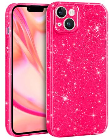 DiyGody Compatible for iPhone 13 Glitter Hot Pink Case, Girly Cute Sparkle Bling Design for Women Girls Thin Shockproof Soft Silicone Drop Protection Phone Cover for iPhone 13 6.1 inch