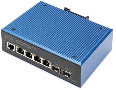 DIGITUS Switch di Rete - 6 Porte Gigabit Ethernet - 4X RJ45 + 2X SFP - IP40 - L2 gestito - 10/100/1000 Mbit/s - Montaggio su Guida DIN - Serie Industriale - Nero/Blu