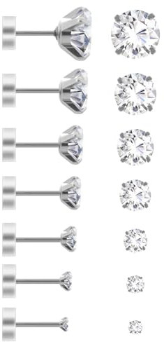Earring Sets for Multiple Piercings, 7 Pairs 20G Flatback Stainless Steel Earrings Cubic Zirconia Screw Back Earrings Piercing Ear Cartilage Studs (2/3/4/5/6/7/8mm)