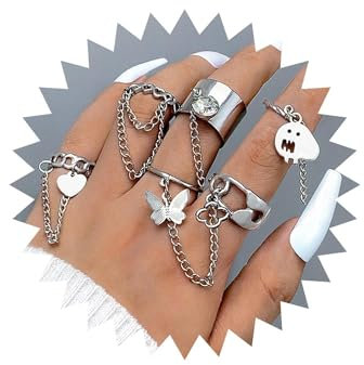 Wendalern Punk Kettenringe Set Geist Schmetterling Herz Charme Ringe Mit Quaste Kette Stapelbar Gliederkette Ringe Vintage Offen Knöchel Fingerringe Y2k Modeschmuck Für Frauen Mädchen