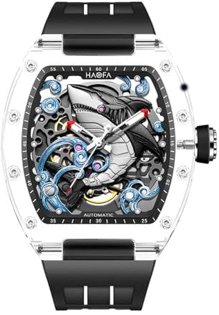 Haofa 3D-Geschnitzte Hai-Mechanische Uhr für Herren, automatische, Hohle, transparente Glasgehäuseuhr, wasserdichte, leuchtende Herrenuhr 2322 Schwarz