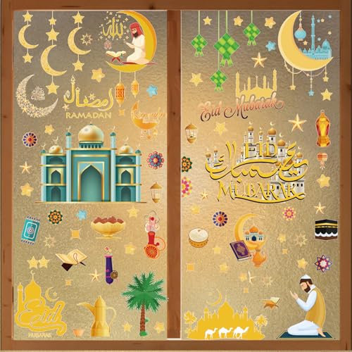 Leonshco 121 Blätter Ramadan Fensterbilder, Selbstklebende Ramadan Sticker PVC Stern Mond Fenster Deko, Eid Mubarak Dekoration Fenstersticker, Ramadan Dekoration für Kinderzimmer, Wohnzimmer, Etc