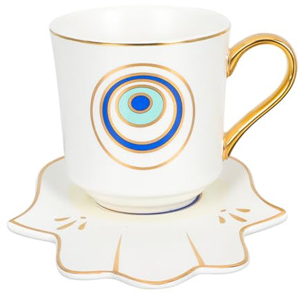 BESTonZON Kaffeebecher Keramik Tasse Böse Auge Kaffeetassen mit Untertasse Evil Eye Porzellan Becher Nazar Boncuk Frühstück Cappuccino Tassen Türkische Teetassen Milch Keramiktassen Büro Mug