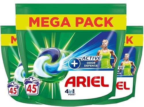 Ariel 4in1 Waschmittelkapseln + aktive Geruchsabwehr – Touch of Ambi Pur – 3 x 45 Kapseln