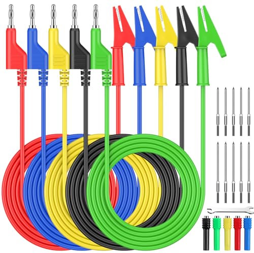 AMTOVL 20PCS Fiche Banane à Pince Crocodile 15A Fiche Banane 4mm Longueur 1,8 cm Ouverture 10 mm 5 Couleurs Câbles de Test de Multimètre avec 10 Broches Interchangeables pour Testeur Circuit Tension