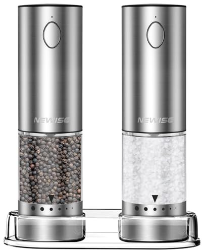 Newise Electric Salt and Pepper Grinder Set, Rechargeable with LED Lights, Stainless Steel Automatic Pepper & Salt Mill, Adjustable Coarseness, Large Capacity, Silver