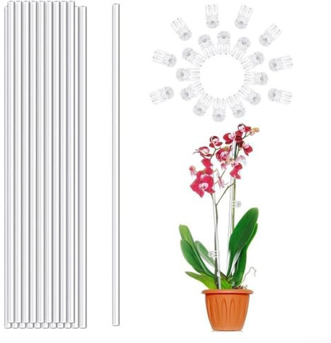 20 x Pflanzenstäbe, Acryl, transparent, mit 20 Clips, Set für Topfpflanzen, Orchideen, Topfpflanzen, Tomaten, Blumen (45 cm)
