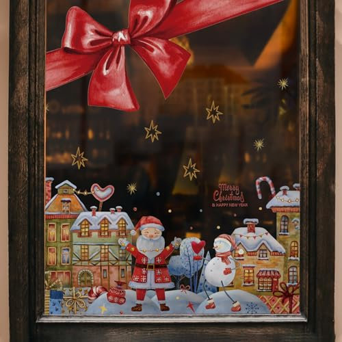 Neukids fensterbilder weihnachten Weihnachtsmann und das Iglu, Rote Schleife deko fensteraufkleber weihnachtsdeko fenster, weihnachtsfenster bilder Winter fenster Glas Spiegel weinachtsdekorationen