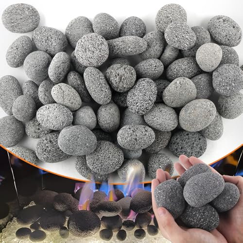 3,2 kg Lavasteine für Feuerstelle, 5,1 cm - 7,6 cm, natürliche Kieselsteine, getrommeltes Lavastein, runde Feuerstelle für tragbare Kamine, Propangas, Aquarien, Landschaftsbau, Gartendekoration