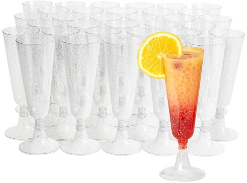 MATANA 24 Premium Plastic Champagne Flutes with Silver Glitter, 150ml - Reusable Toasting Glasses, Cocktail Prosecco Glasses for Weddings, Birthdays, Christmas, BBQ, Parties