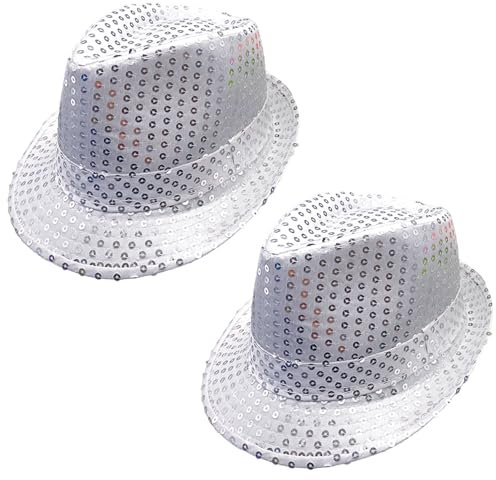 FUIPVGI 2 Stücke Paillettenhut, Glitzer Kappe Sylvester Karneval Party, Unisex, Disco Outfit Accessoire, Glitzer Partyhüte Kopfbedeckung, Narrenkappe für Themenparty, Mottoparty (Silber)
