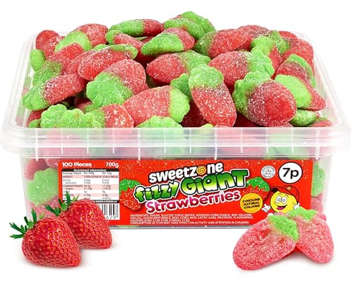 Sweetzone Fizzy Giant Strawberry Halal Sweets Tub 700g 100pcs Sweets Bulk Retro Sweets Jelly Sweets Wine Gums Sweet Box Bulk Sweets Candy for Sweet Bags Sweet Tub Delight Bulk Candy