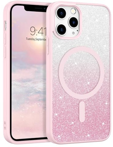 DUEDUE Cover Magnetica per iPhone 11 Pro 5.8[Compatibile con MagSafe], Custodia per iPhone 11 Pro Case Glitter Sottile Lucida TPU Silicone Anti-Scivolo, Ricarica Magnetica Wirelesse, Gradiente Rosa