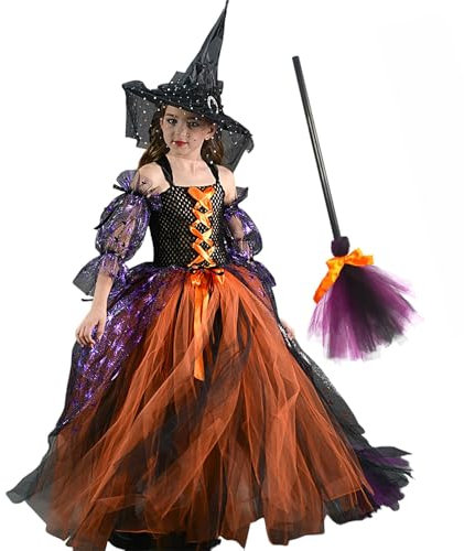 Disfraz de bruja para niños pequeños,Vestido de bruja para niñas - Conjunto de tutú de bruja de Halloween | Disfraz de bruja de cuento de hadas, conjunto de traje de bruja con sombrero y escoba para n