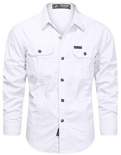 PADOLA Chemise Homme Manches Longues Slim Fit Coton Boutonnée Chemises avec Poches Col Rever Chemise de Travail Cargo Uni Chemisette Militaire Tactique Shirt Safari Habit (4 Blanc, S)